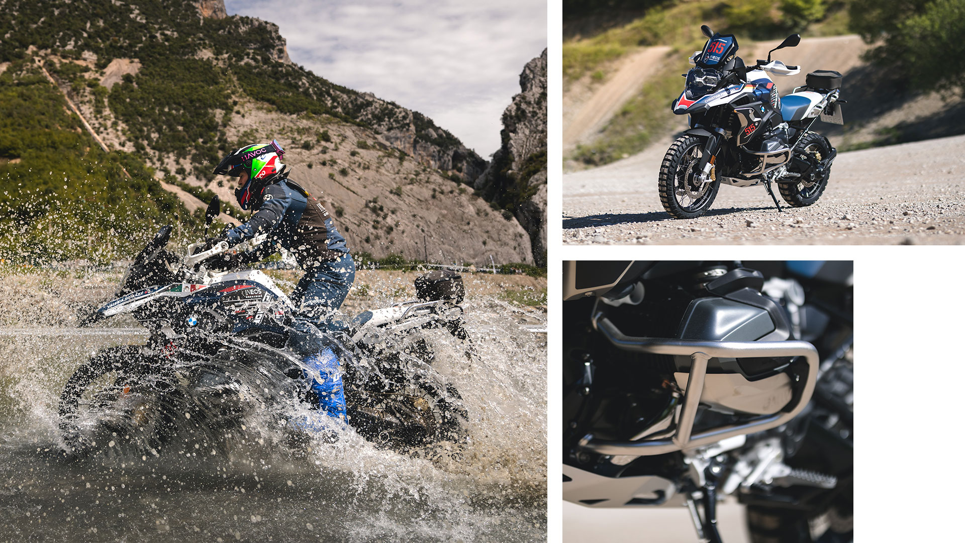 The Int. GS Trophy bike from different angles and travelling at full speed through water.