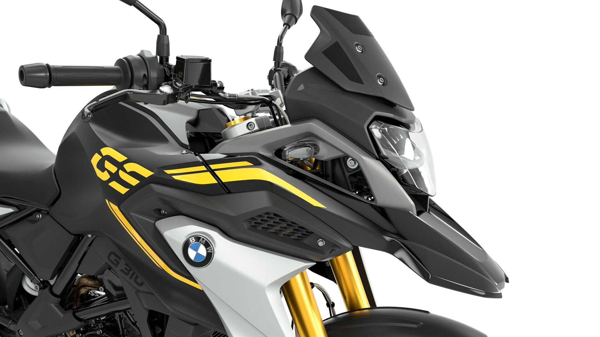 We see the side view of the front of the G 310 GS with a focus on the black tinted windscreen.